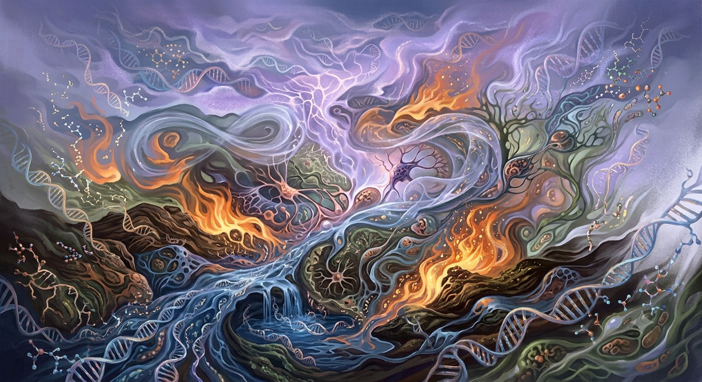 Detail view of the physical manifestation layer — biological and elemental imagery with DNA, fire, and water