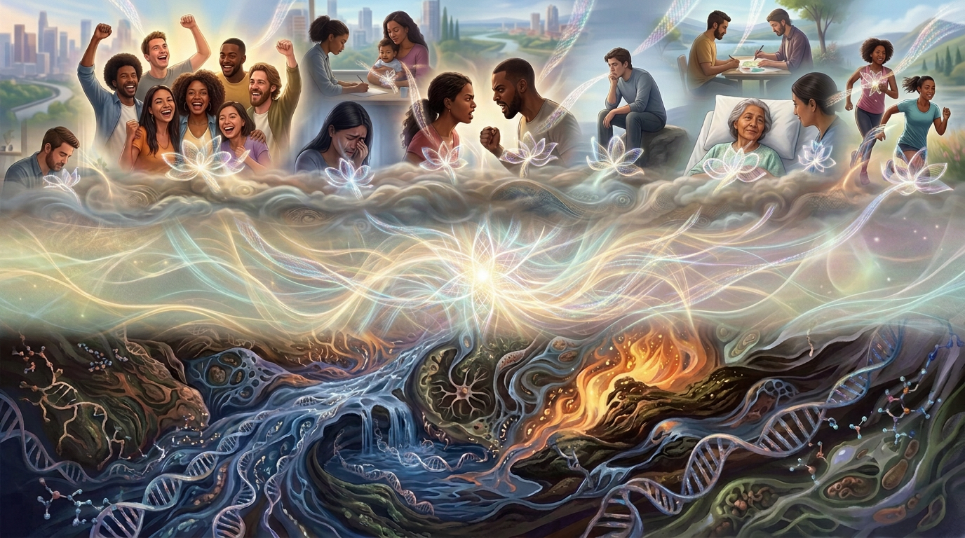 Three-layer illustration: individual selves above, luminous pure awareness at center, physical and biological elements below